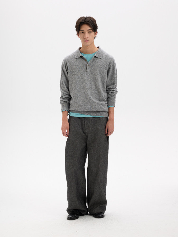 BUTTBILL Minimalist Wool-Blend Long-Sleeve Knit Polo with Shell Buttons020