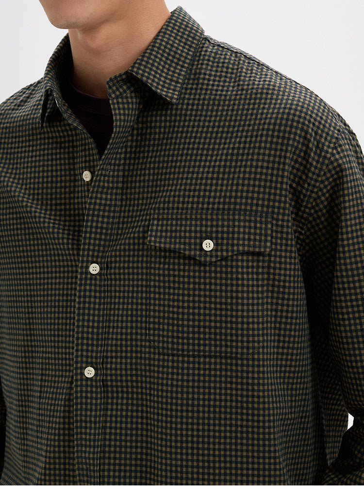 BUTTBILL Vintage Textured Plaid 100% Cotton Long-Sleeve Shirt024