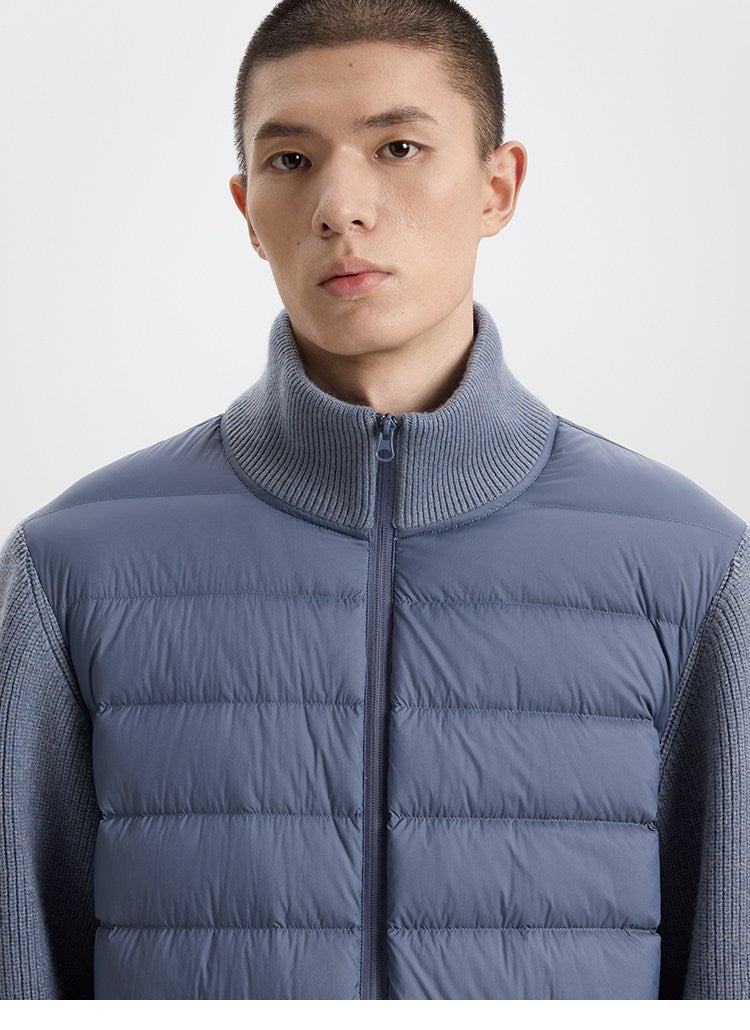 BUTTBILL Lightweight 90% White Duck Down Puffer Jacket – Knit Panel Quilted Stand Collar Jacket with Relaxed Fit#122