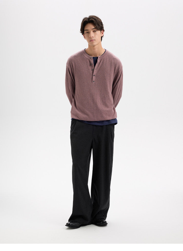 BUTTBILL Classic 48s Wool Blend Henley Knit Pullover with Shell Buttons018