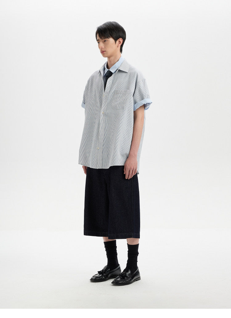 BUTTBILL SS26 Plaid Seersucker Lyocell-Linen Short-Sleeve Pocketed Overshirt
