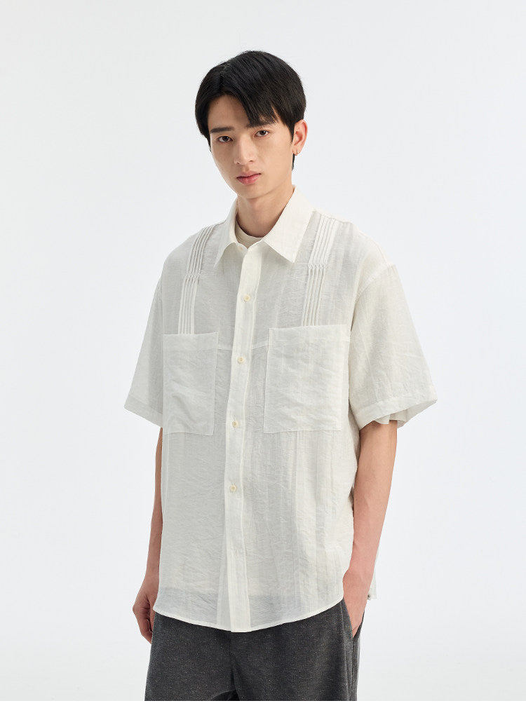 BUTTBILL SS26 Linen-Blend Box-Pleated Short-Sleeve Shirt with Pocket