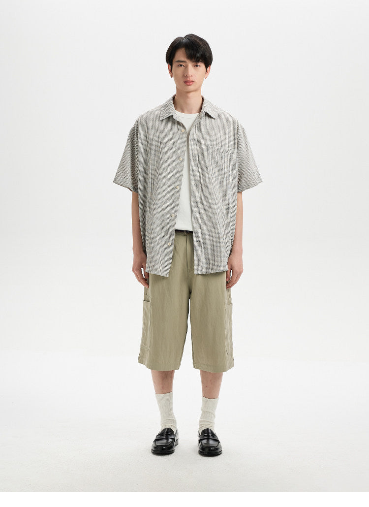 BUTTBILL SS26 Plaid Seersucker Lyocell-Linen Short-Sleeve Pocketed Overshirt