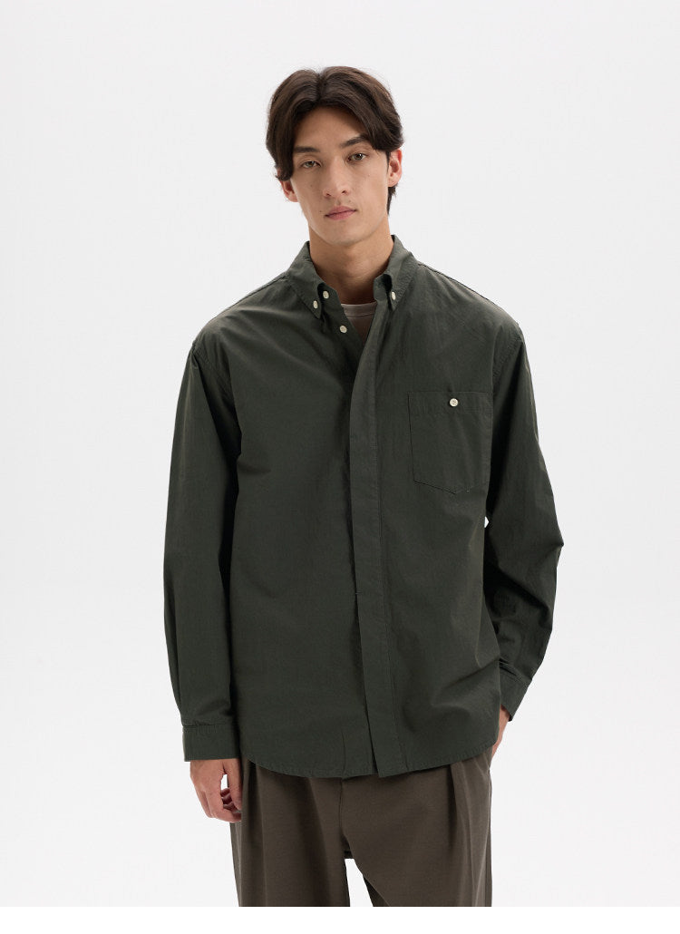 BUTTBILL Unisex High-Density Washed Cotton Concealed Placket Long-Sleeve Shirt021