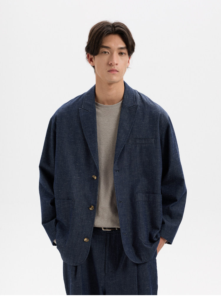 BUTTBILL Unisex Cotton-Linen-Lyocell Blend Washed Denim Relaxed Blazer023