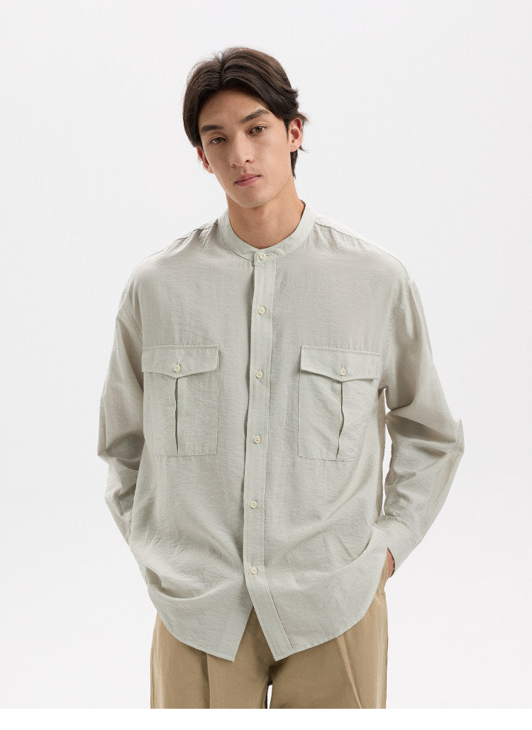 BUTTBILL Minimalist Crinkled Pima Cotton Blend Band Collar Shirt with Double Pockets029