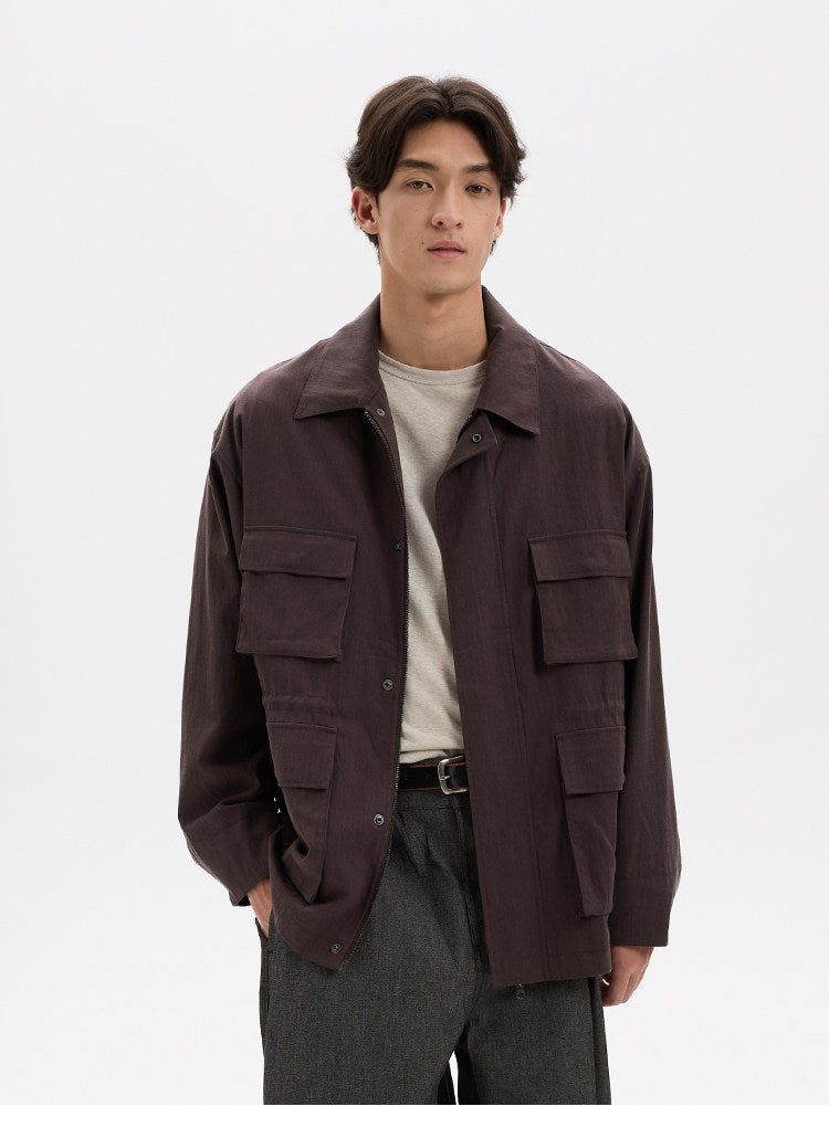 BUTTBILL Unisex Slub Cotton Utility Safari Jacket with Adjustable Drawstring026