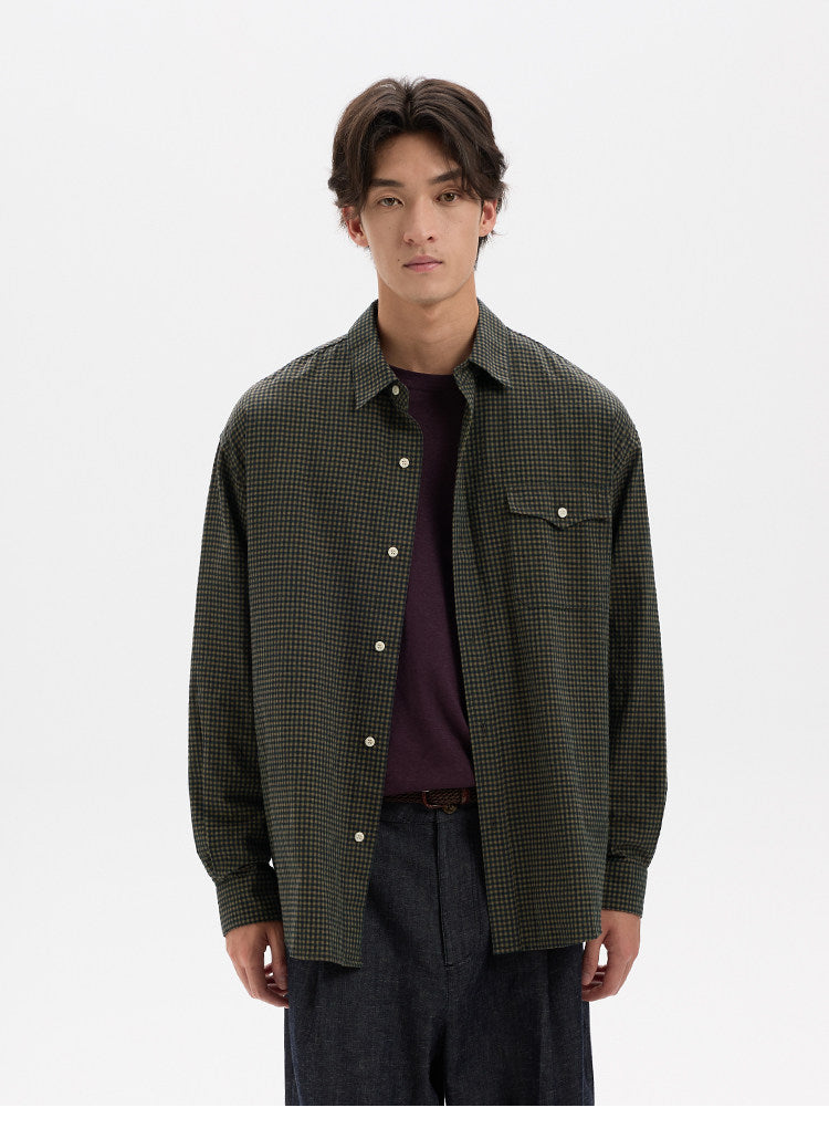 BUTTBILL Vintage Textured Plaid 100% Cotton Long-Sleeve Shirt024