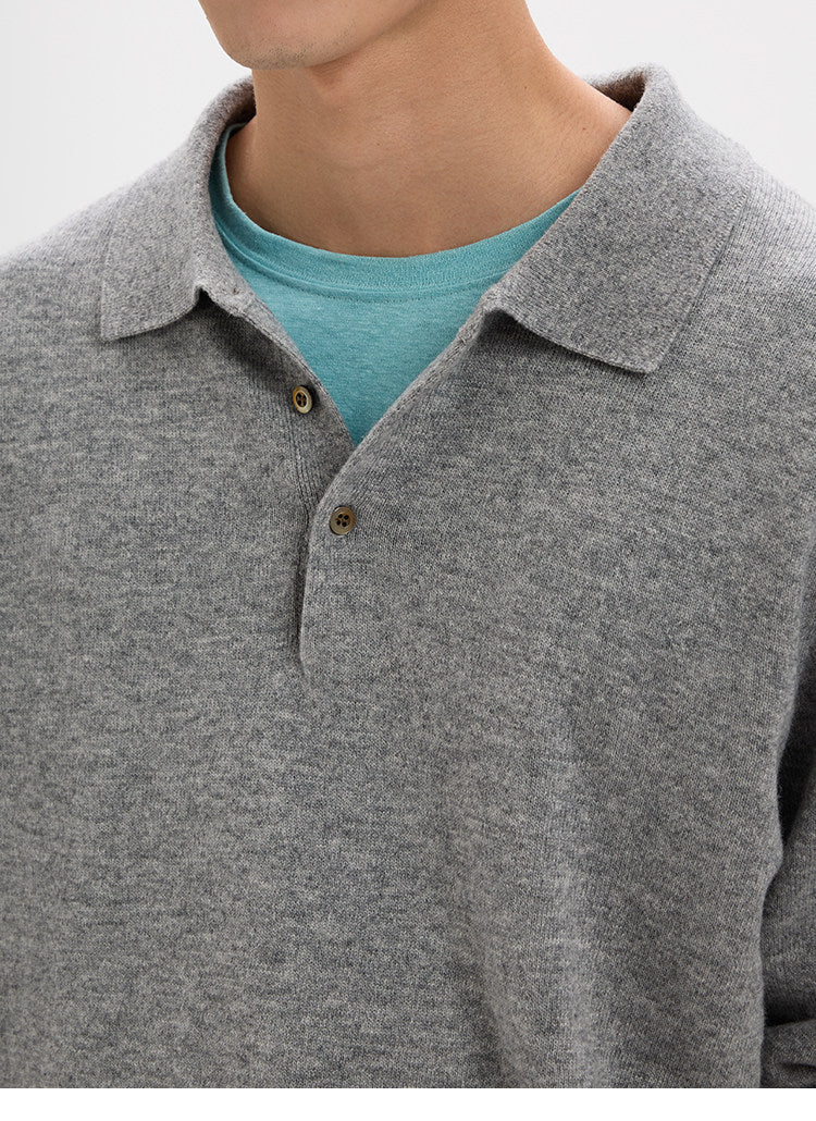 BUTTBILL Minimalist Wool-Blend Long-Sleeve Knit Polo with Shell Buttons020