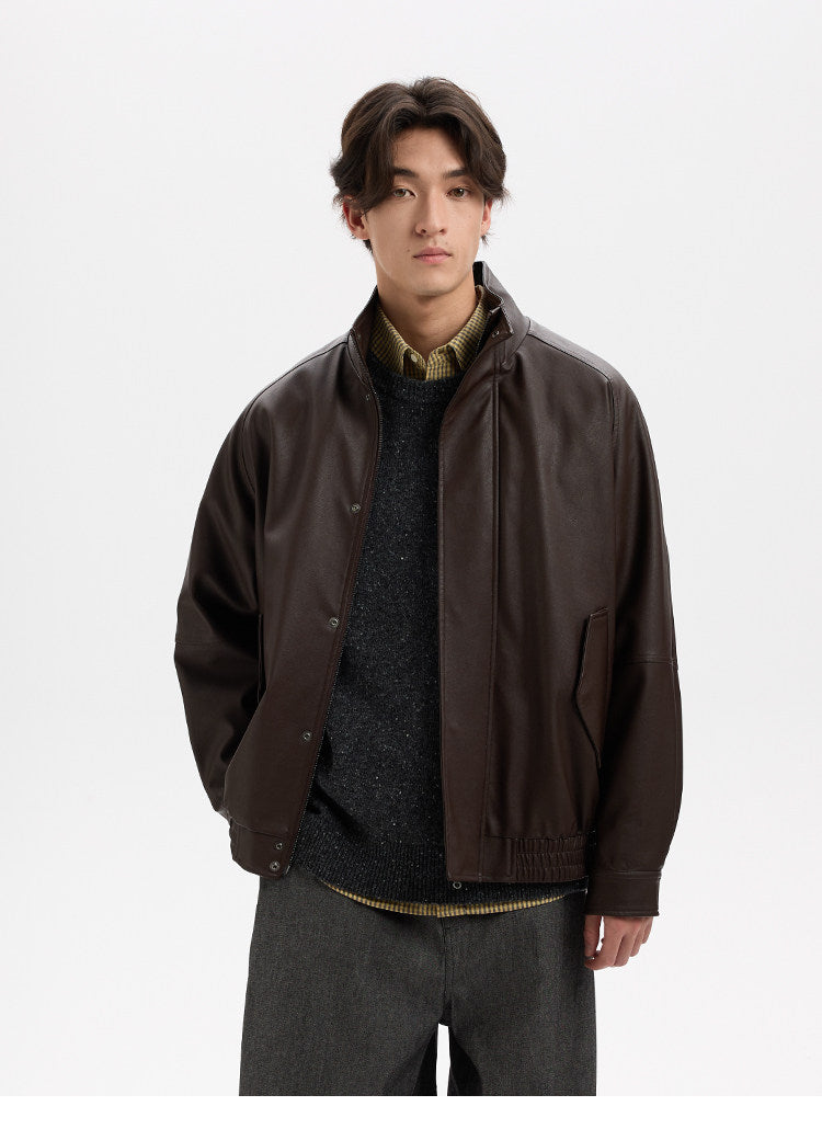 BUTTBILL Vintage Biker Textured Faux Leather Stand Collar Jacket with Two-Way Zip016