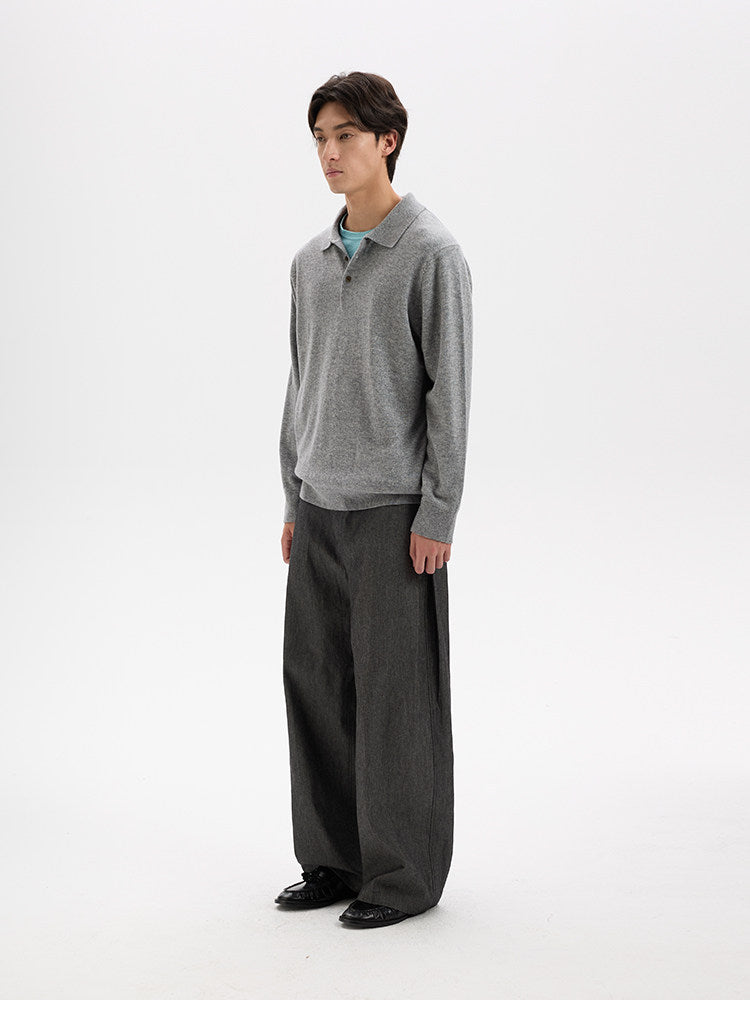 BUTTBILL Minimalist Wool-Blend Long-Sleeve Knit Polo with Shell Buttons020