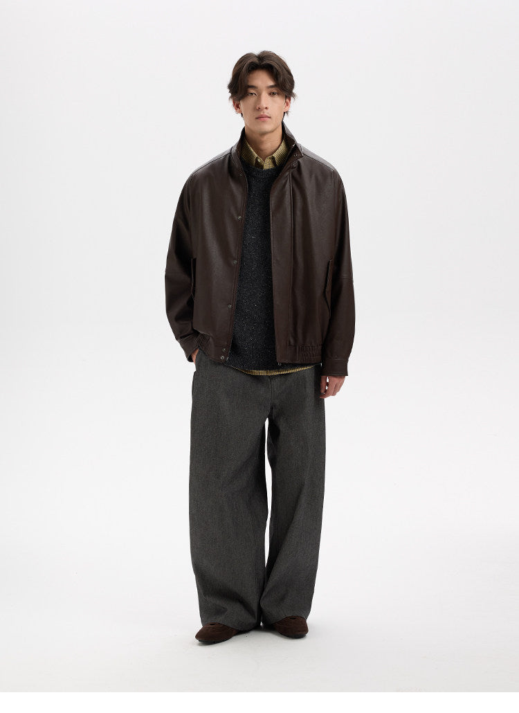 BUTTBILL Vintage Biker Textured Faux Leather Stand Collar Jacket with Two-Way Zip016