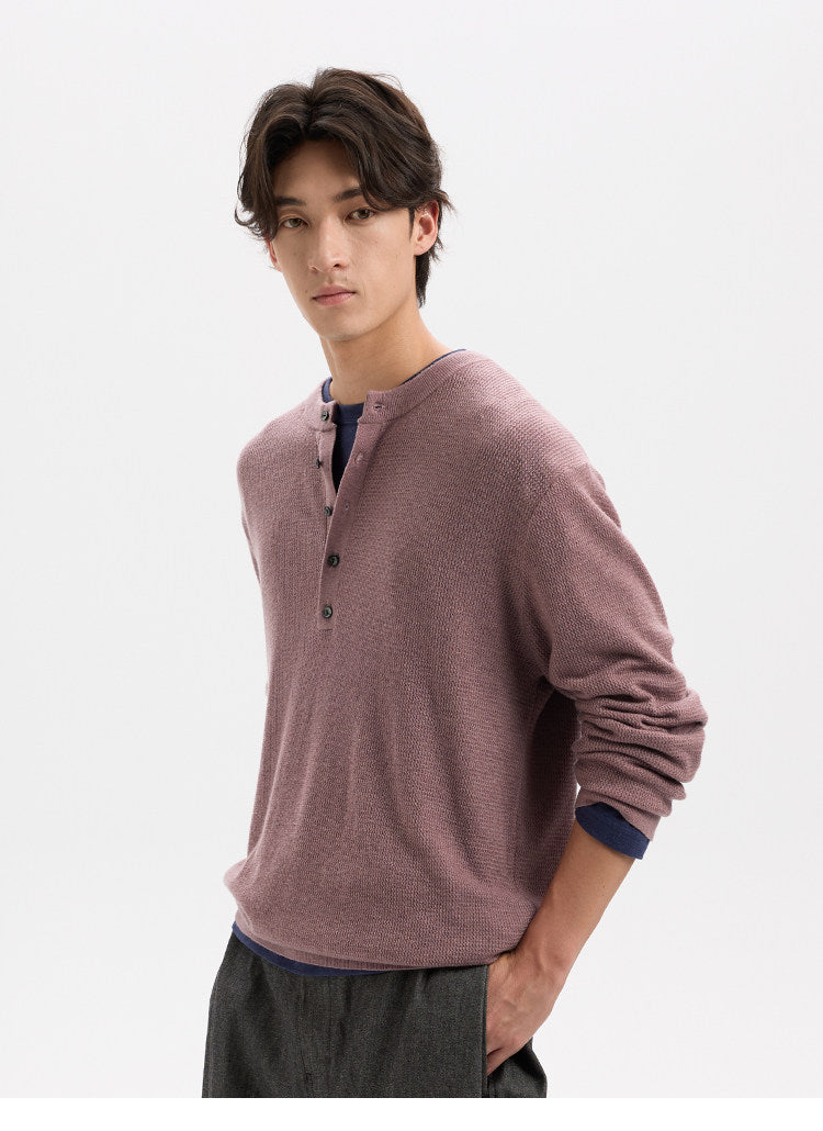 BUTTBILL Classic 48s Wool Blend Henley Knit Pullover with Shell Buttons018