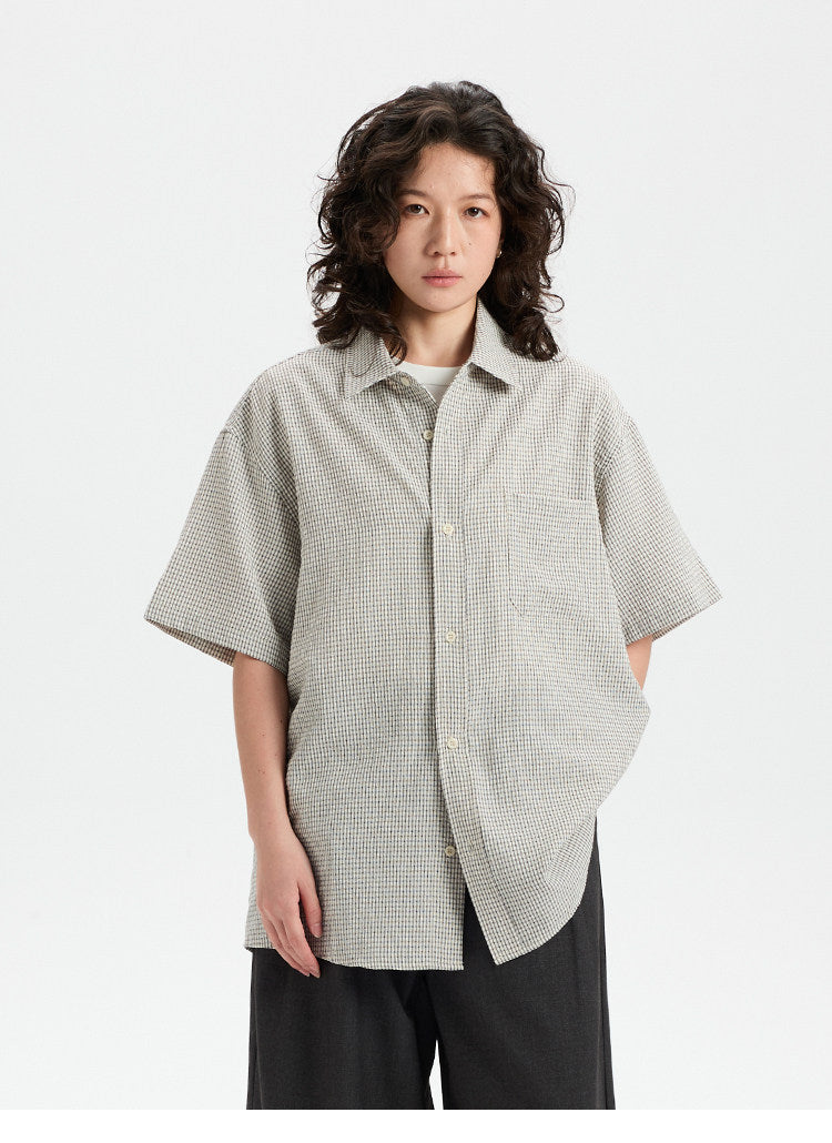BUTTBILL SS26 Plaid Seersucker Lyocell-Linen Short-Sleeve Pocketed Overshirt