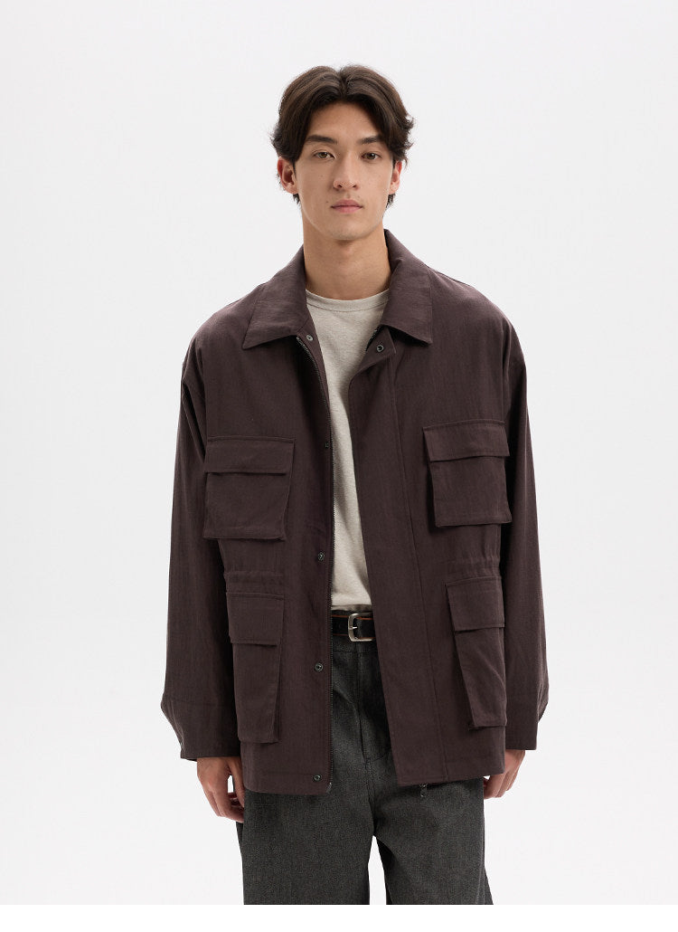 BUTTBILL Unisex Slub Cotton Utility Safari Jacket with Adjustable Drawstring026