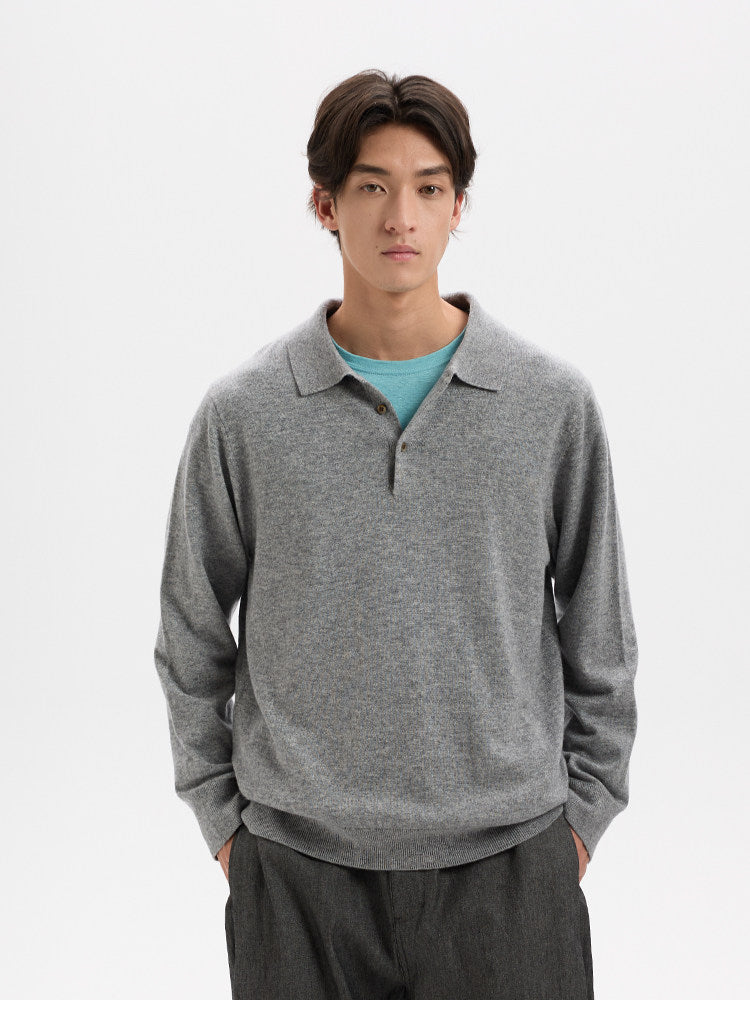 BUTTBILL Minimalist Wool-Blend Long-Sleeve Knit Polo with Shell Buttons020
