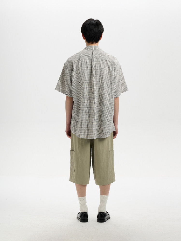 BUTTBILL SS26 Plaid Seersucker Lyocell-Linen Short-Sleeve Pocketed Overshirt