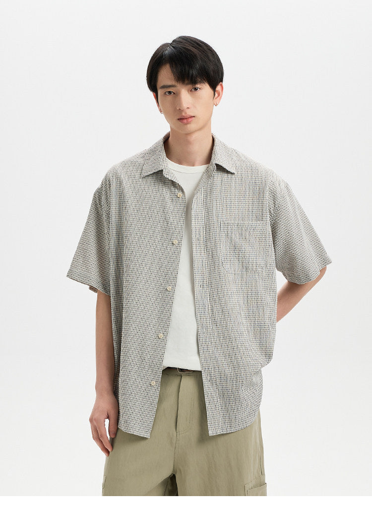 BUTTBILL SS26 Plaid Seersucker Lyocell-Linen Short-Sleeve Pocketed Overshirt