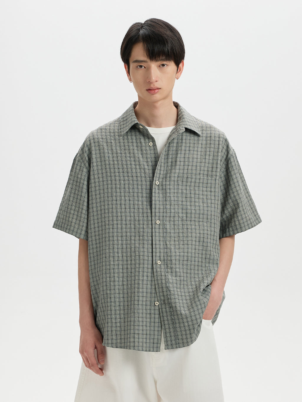 BUTTBILL Relaxed Lyocell-Linen Plaid Seersucker Short-Sleeve Shirt