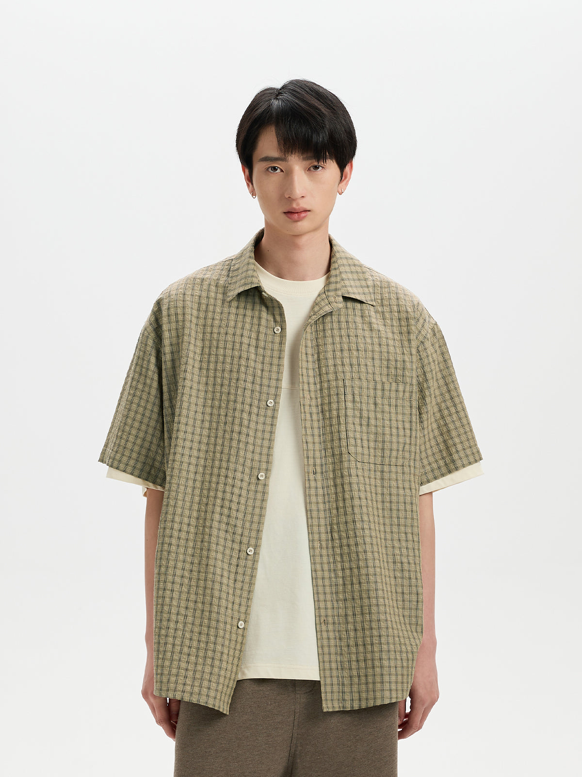 BUTTBILL Relaxed Lyocell-Linen Plaid Seersucker Short-Sleeve Shirt