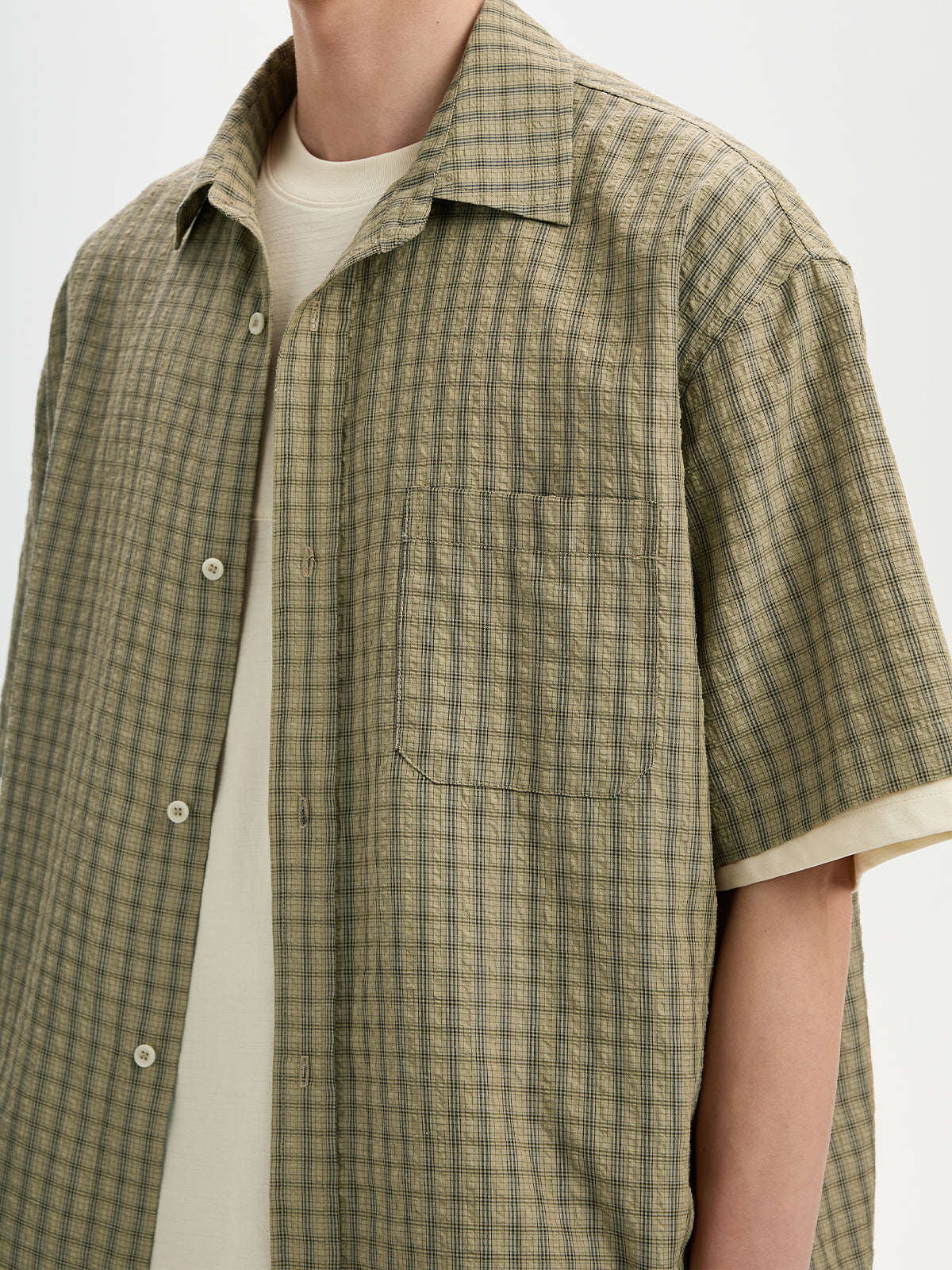 BUTTBILL Relaxed Lyocell-Linen Plaid Seersucker Short-Sleeve Shirt