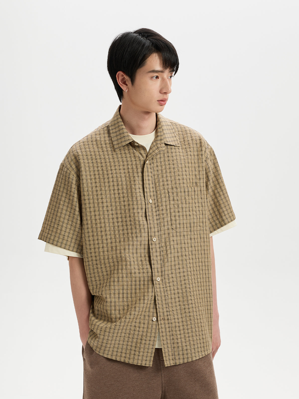 BUTTBILL Relaxed Lyocell-Linen Plaid Seersucker Short-Sleeve Shirt