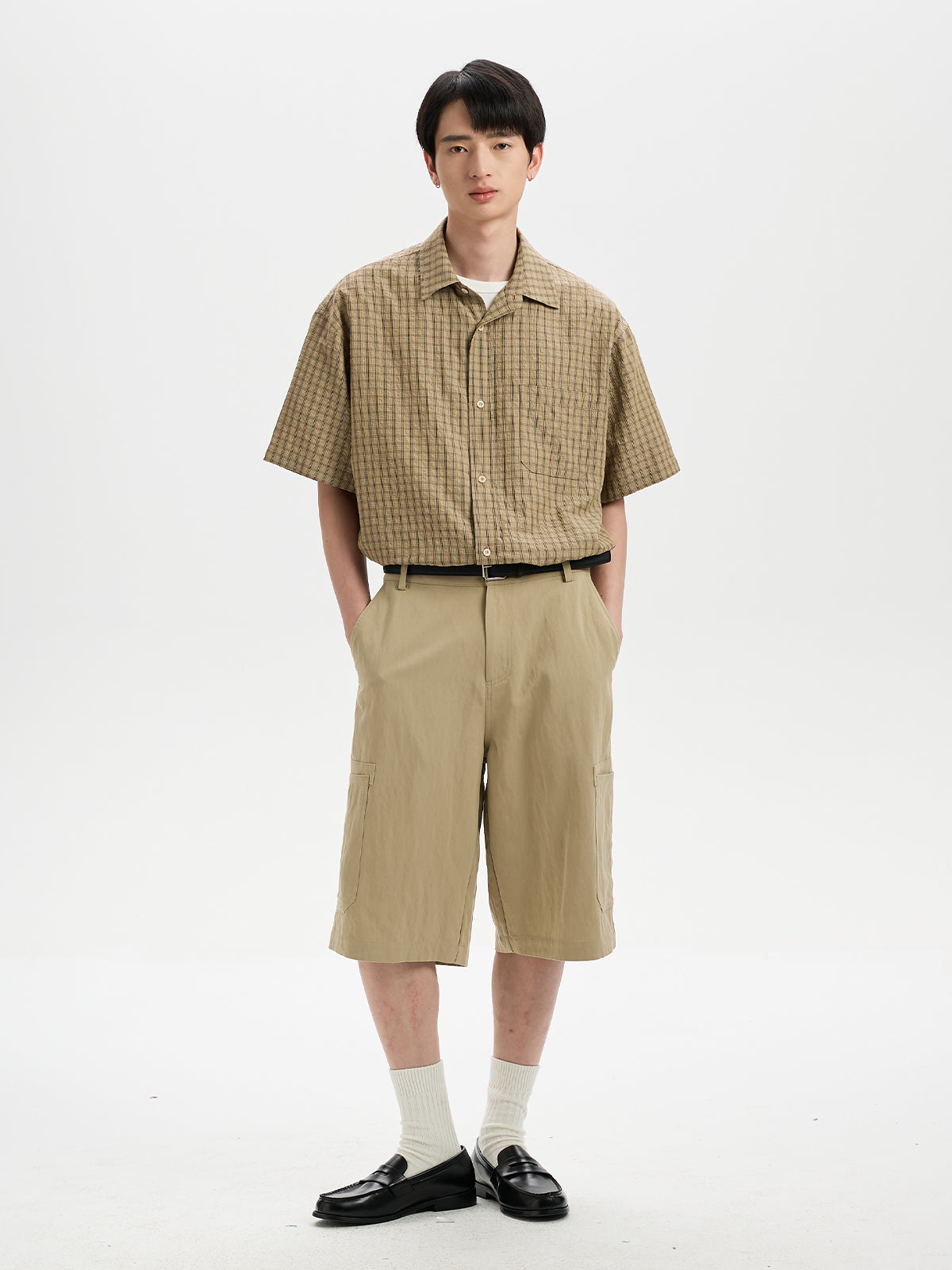 BUTTBILL Relaxed Lyocell-Linen Plaid Seersucker Short-Sleeve Shirt