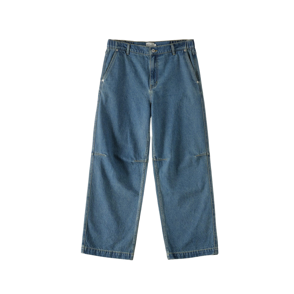BUTTBILL Men's 13.2oz Knee-Pleated Washed Denim Jeans with Contrast Stitching080