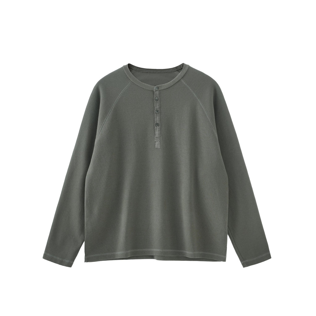 BUTTBILL SS26 Unisex Washed Hemp Waffle Knit Long-Sleeve Henley049