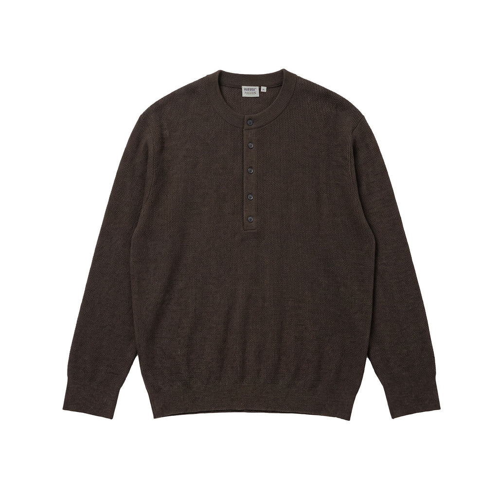 BUTTBILL Classic 48s Wool Blend Henley Knit Pullover with Shell Buttons018
