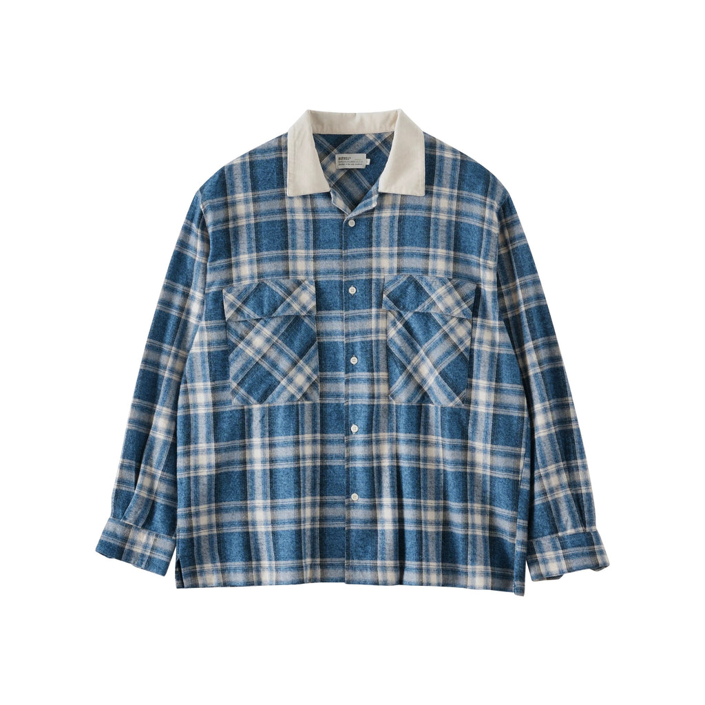 BUTTBILL Men's Cotton Plaid Overshirt with Contrast Corduroy Camp Collar079