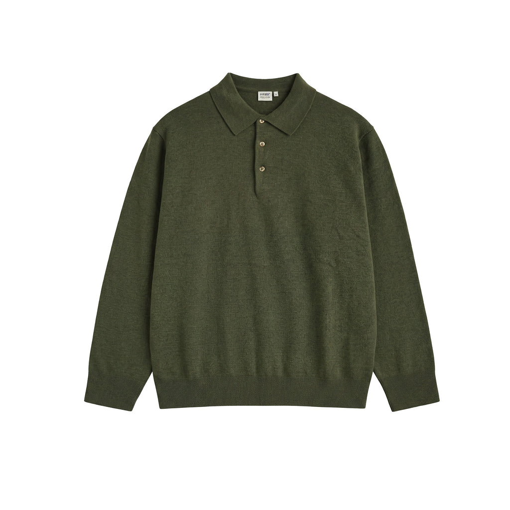 BUTTBILL Minimalist Wool-Blend Long-Sleeve Knit Polo with Shell Buttons020