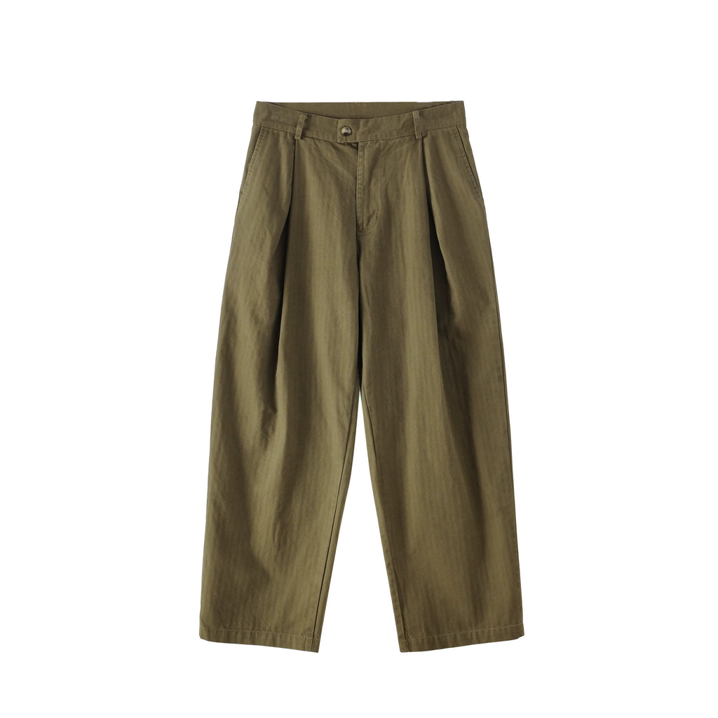 BUTTBILL Unisex 100% Cotton Herringbone Double-Pleated Trousers076