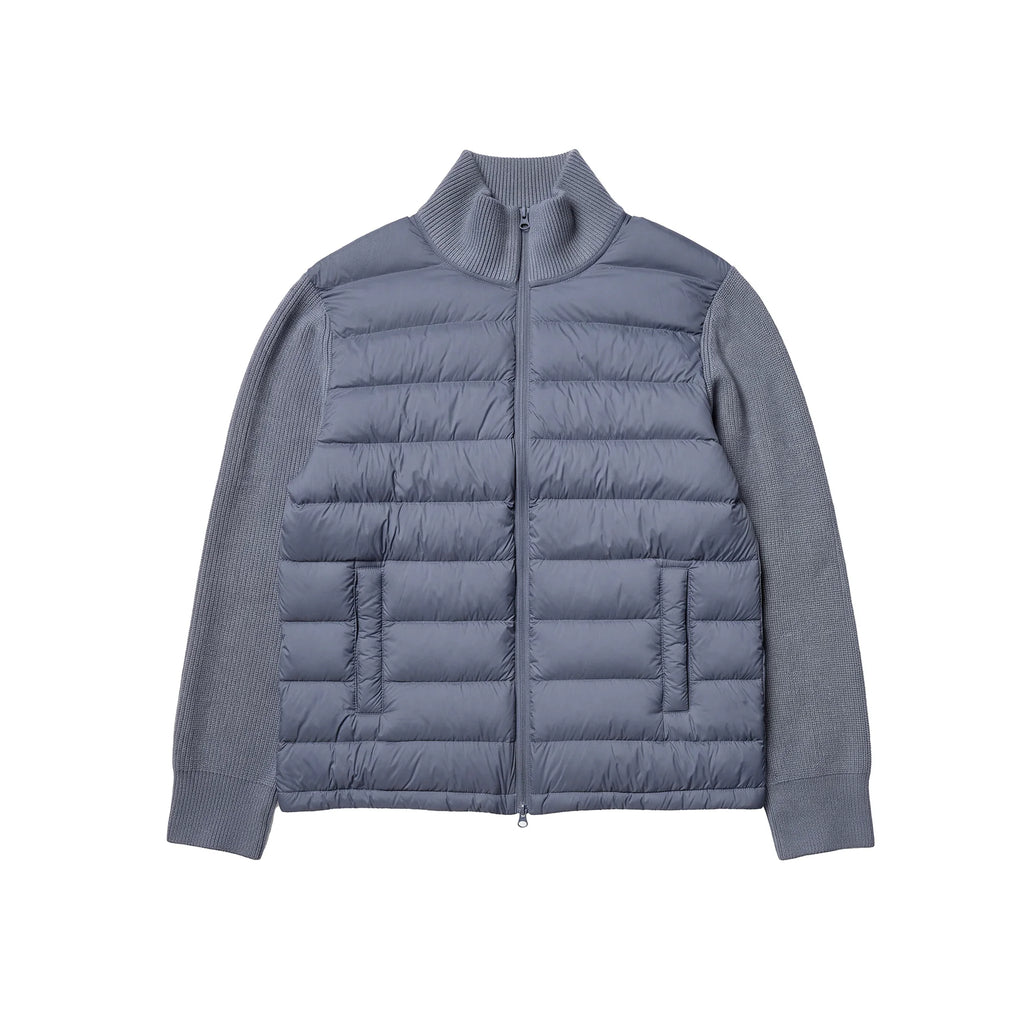 BUTTBILL Lightweight 90% White Duck Down Puffer Jacket – Knit Panel Quilted Stand Collar Jacket with Relaxed Fit#122
