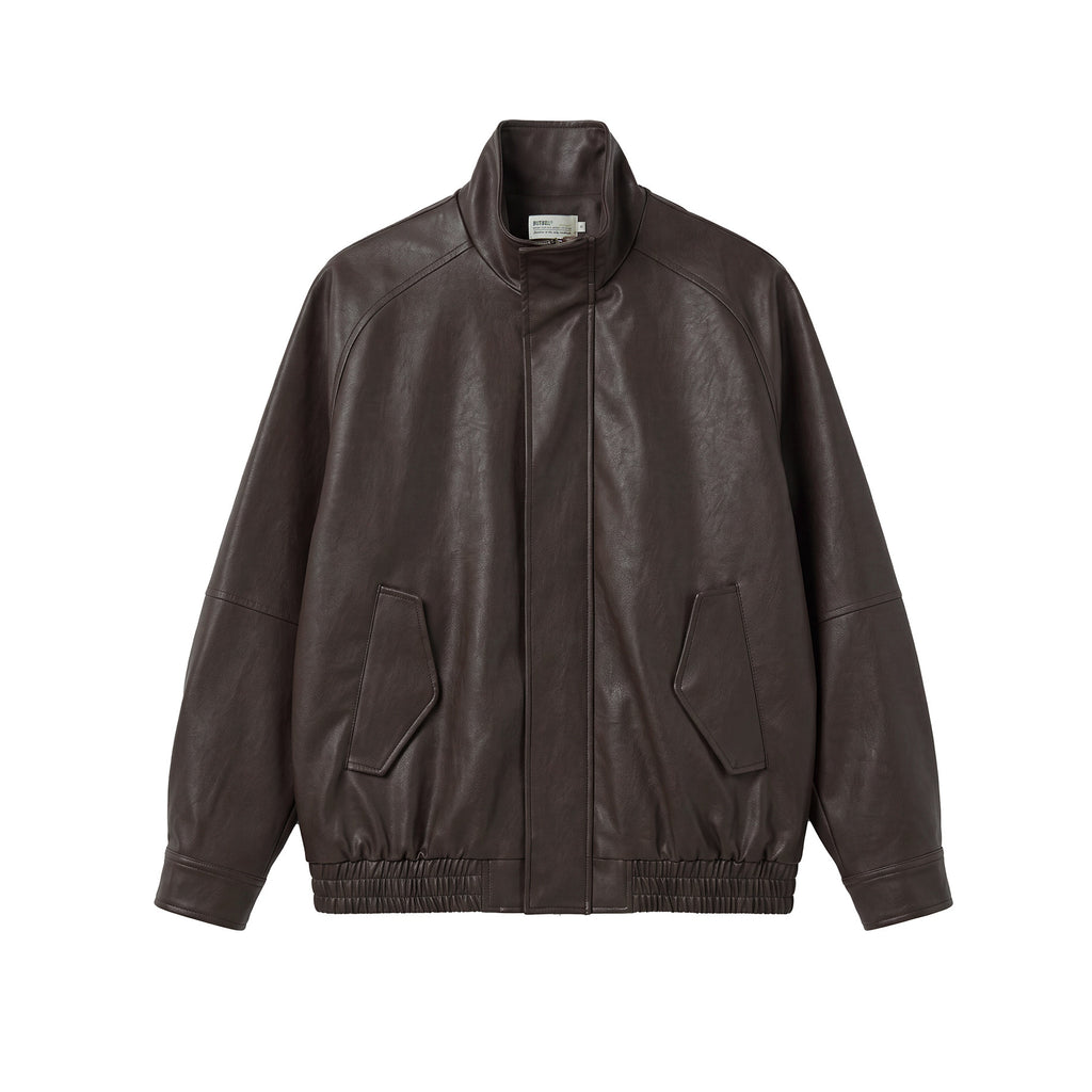 BUTTBILL Vintage Biker Textured Faux Leather Stand Collar Jacket with Two-Way Zip016