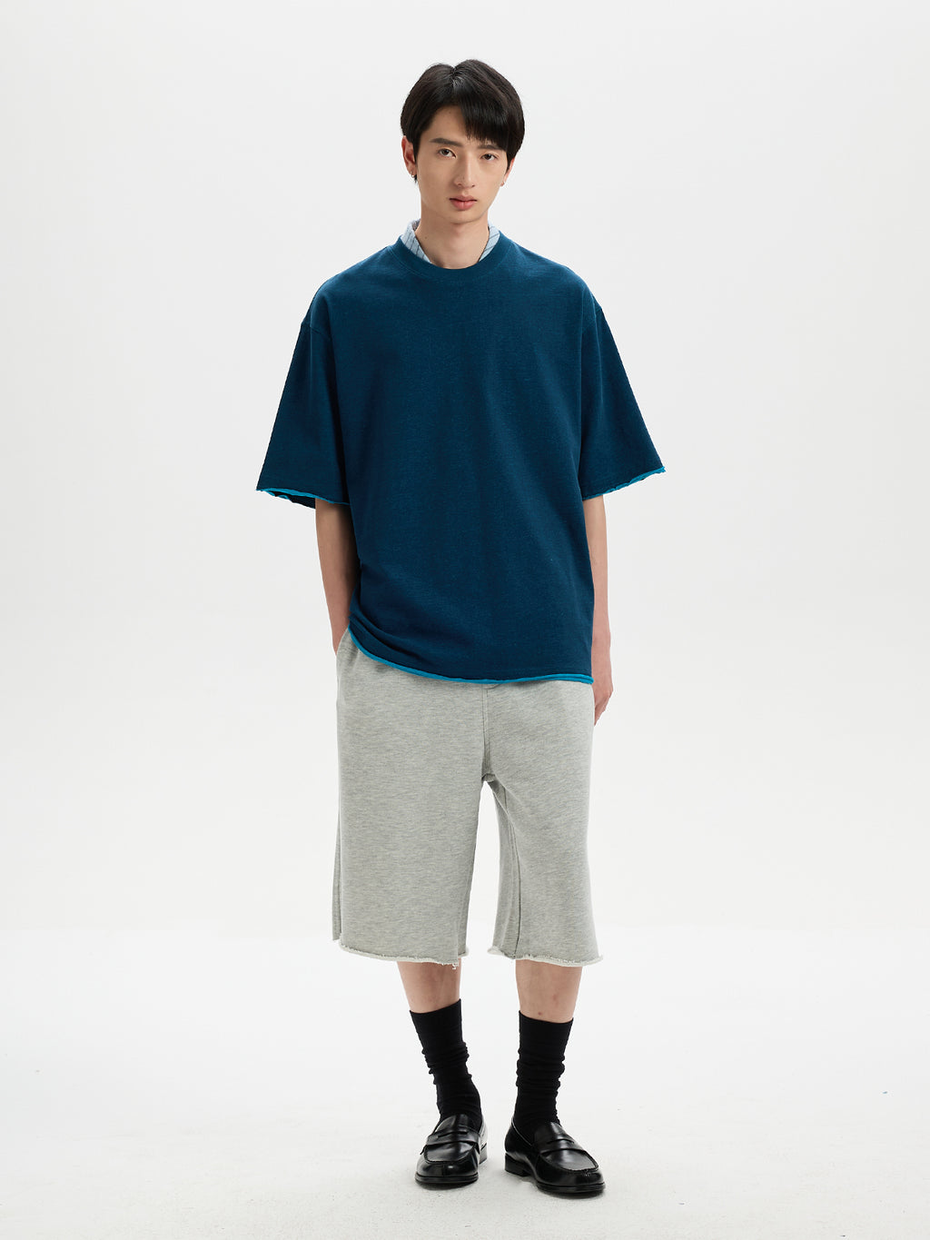 BUTTBILL SS26 Unisex Double-Yarn Cotton Inside-Out Contrast T-Shirt with Rolled Edge