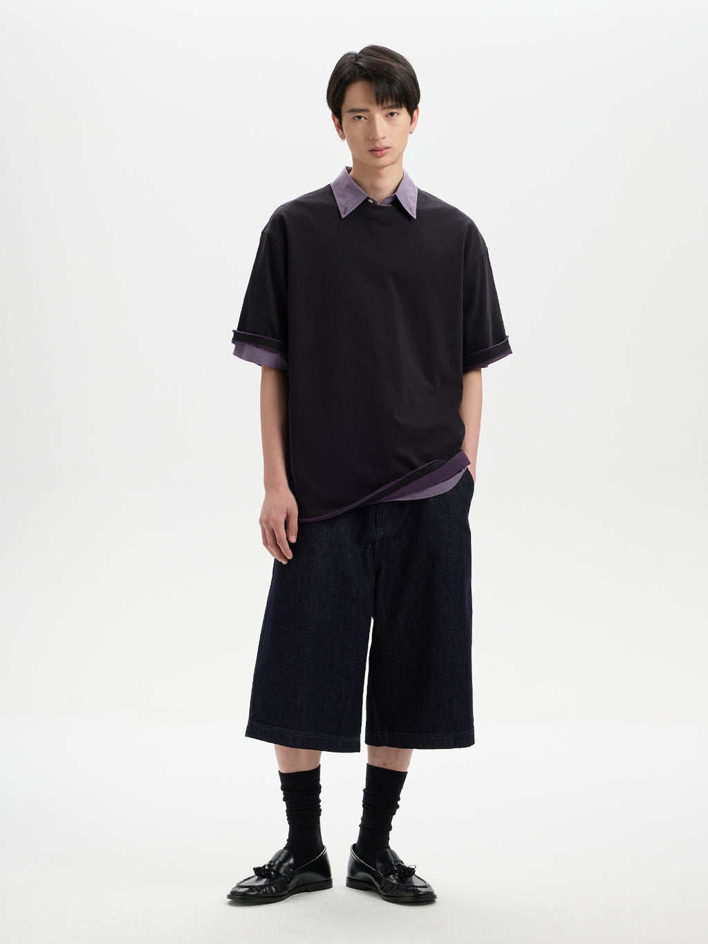 BUTTBILL SS26 Unisex Double-Yarn Cotton Inside-Out Contrast T-Shirt with Rolled Edge