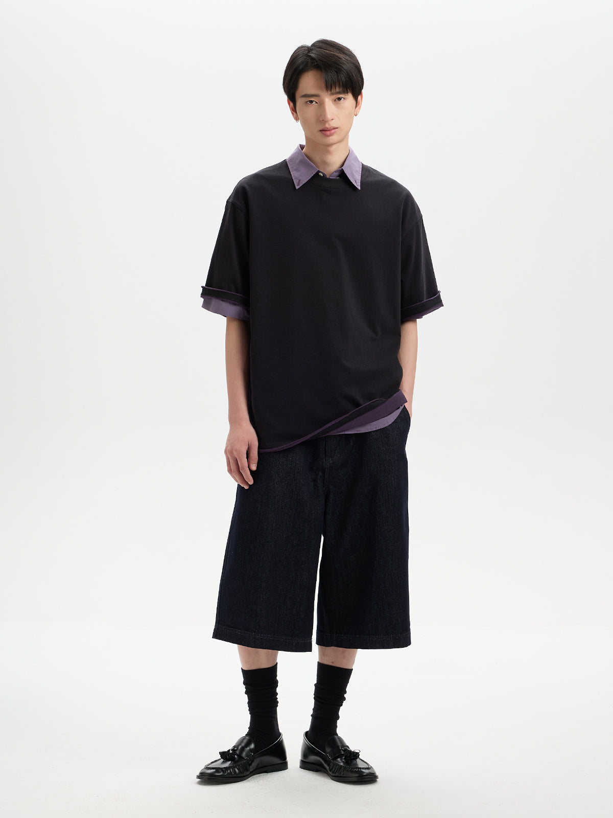 BUTTBILL SS26 Unisex Double-Yarn Cotton Inside-Out Contrast T-Shirt with Rolled Edge