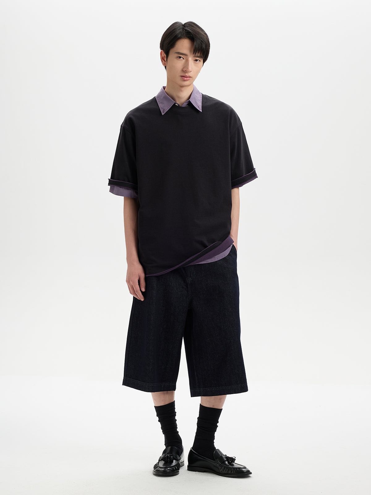 BUTTBILL SS26 Unisex Double-Yarn Cotton Inside-Out Contrast T-Shirt with Rolled Edge
