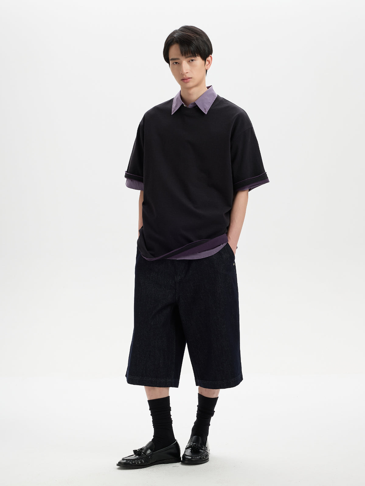 BUTTBILL SS26 Unisex Double-Yarn Cotton Inside-Out Contrast T-Shirt with Rolled Edge